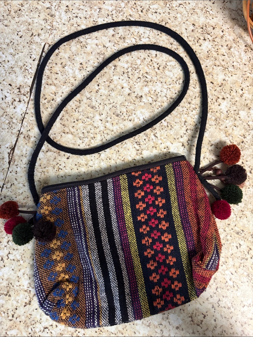 Woven Multicolor Pom-Pom Crossbody Bag - Boho Style